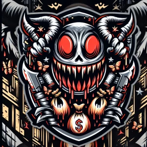 Create a bold circular horror themed cartoon smiley ghostface ma...