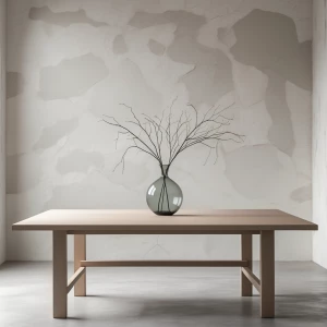 Generate a minimalist dining table scene with a plain wooden tab...