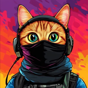 A wide-eyed ginger cat wearing a black tactical balaclava (or ma...