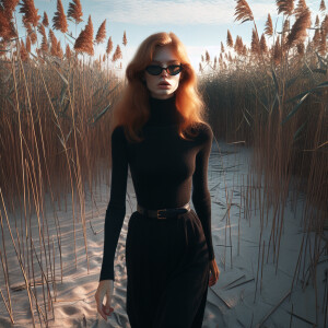 Photorealistic image. Ginger haired woman, fair skin walking in...