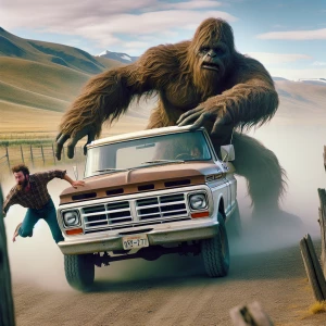 A large, hairy sasquatch lifting the back of a 1977 pickup truck...