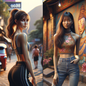 Athletic Thin skinny Attractive, Asian teenage girl, long brown hair and bangs, wearing tight skinny jeans and a halter top paint marks on her clothing, heroic pose Asian graffiti background, backside view