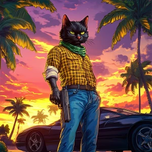 A humanoid cat character standing in a tropical setting with a b...