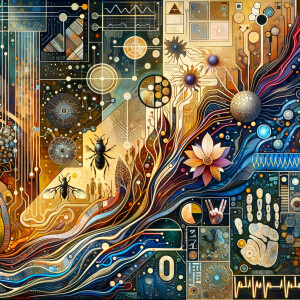 The golden ratio, Minimalist art Circuit, boards, circuitry, diagrams Cellular structures, DNA, circuit boards, colorful wires,  asian and Egyptian  graffiti, lie detector graphs, cardio, printout , branches infinity sign, cave, Art, handprints, distant birds flying, flowering vines, abstract gestural painting, dna