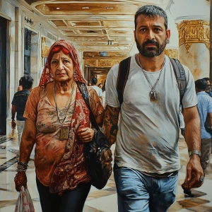Hyperrealistic painting.A sweaty beefy man walking with his 54 y...