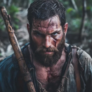 n the middle scene, on the top of a barren hill, stands a strong...