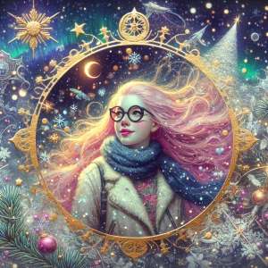 "Create a wide-angle image of a Caucasian woman with long pink h...