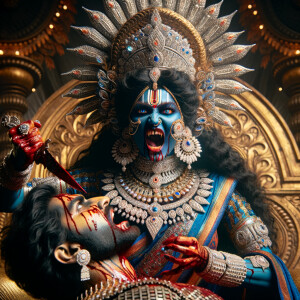 portrait of angry looking goddess kali, blue skinned, sitting on a gold crown and carrying a weak mahishasur on her lap and stabbing him with her amazing long red finger nails. She is wearing diamond armor, a huge diamond crown, red saree, abundant diamond jewelry, covered in blood. The scene is set in ancient India. The image is 8K resolution, cinematic, ultra detailed face and epic.