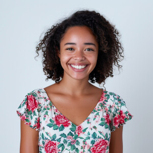 A cute woman

Smiling 

Clothes: Floral Dress

Looks Clean & Mod...