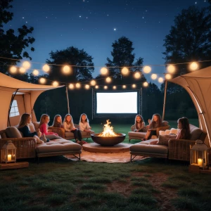 A picturesque field setting for a glamping-style outdoor sleepover birthday party with multiple girls gathering. Include a luxurious lounge area with plush seating, a central fire pit emitting a warm glow, and a sizable outdoor movie screen prepared for a night-time film viewing. The scene exudes a cozy, festive atmosphere suitable for celebration.