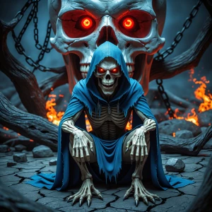 A terrifying skeletal creature with a menacing grin, wearing a t...