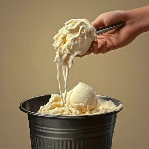 Discarding a scoop of vanilla ice cream into a garbage bin.