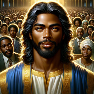Illustrate an inspiring African-American Jesus crust with a dign...