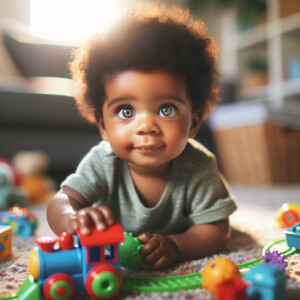 African-American baby boy with huge green eyes, playing with a train