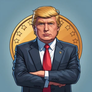 Generate carton style photo1 for PRESIDENT OF CRYPTO assistant. Character gender should be based on name: DONALD TRUMP.