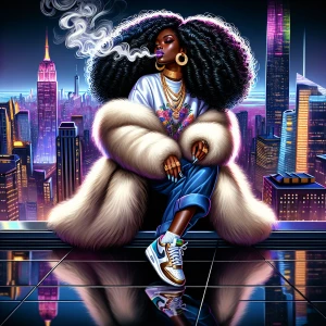 Illustrate a vibrant 300dpi airbrushed portrait of a stylish Afr...