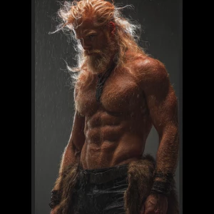 20-year-old man, ginger-white hair color, chest hair, in the rai...