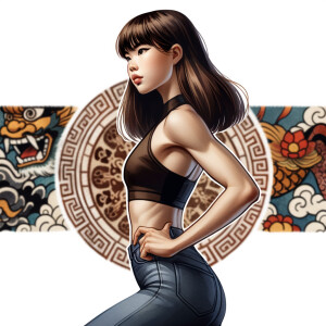 Athletic Thin skinny Attractive, Asian teenage girl, long brown hair and bangs, wearing tight skinny jeans and a halter top paint marks on her clothing, heroic pose Asian graffiti background, side view