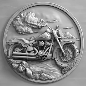 Harley Davidson, grayscale 3d bas relief, round border