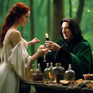 Alan rickman as severus snape making potion with a beautiful wom...