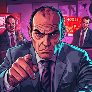 A Grand Theft Auto-style illustration featuring a pale, exhauste...