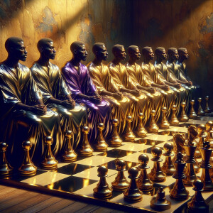 3-D realistic oil, painting, Oh a gold, and purple human chessbo...