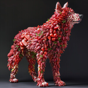 The image depicts a majestic and awe-inspiring scene with a wolf...