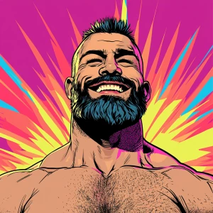 White muscular thin man with beard, big chin, smile and cheekbon...