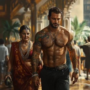 Realistic art 1:1, a muscular, tattooed man sweating as he walks...