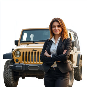 A friendly business women in business attire with a jeep