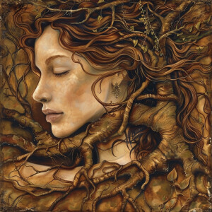 A depiction of a divine feminine with long, brown, curly hair in...