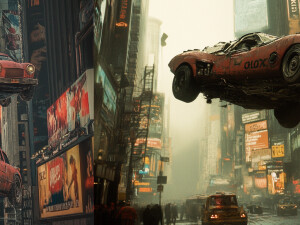 Flying cars in Times Square in steampunk style --ar 3:2