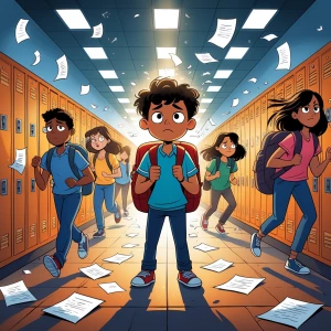 Create a cartoon-style image of a busy school hallway filled wit...