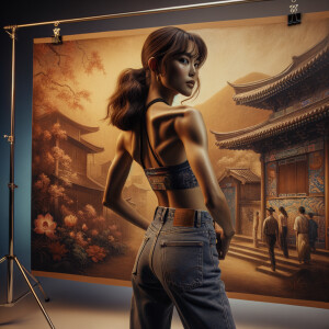 Athletic Thin skinny Attractive, Asian teenage girl, long brown hair and bangs, wearing tight skinny jeans and a halter top paint marks on her clothing, heroic pose Asian graffiti background, backside view