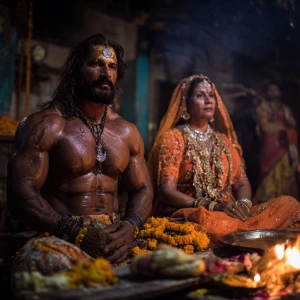 Realism, art.a beefy muscular sweaty criminal man ,sitting besid...