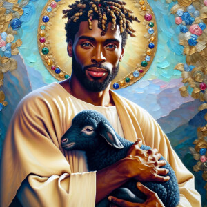 Oil painting of an African-American man resembling Jesus Christ,...