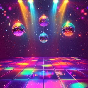 colorful disco club interior, vibrant glowing dance floor with m...