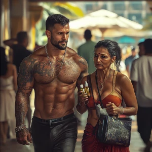 realism-photo fantasy,A sweaty tattoed muscular  man walking wit...