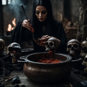 Dark witches with a grotesque face, skin torn, nails elongated s...