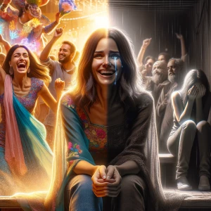 A person smiling in public but crying alone in a dimly lit room...