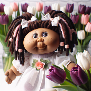 African-American cabbage patch doll with huge dimples,
Her hair...