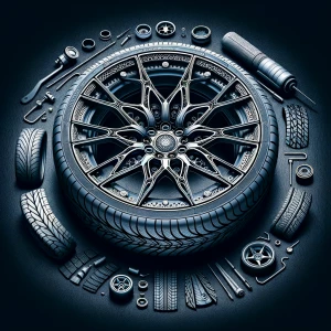 Design a set of custom automotive wheels and tires, featuring in...