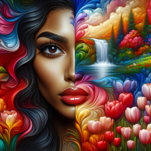 Create a digital artwork showing a half-portrait of a light-skin...