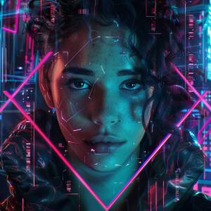 Cyberpunk aesthetic, ultra-realistic portrait of a woman within...