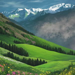 Mountains, waterfall, green field, flowers