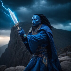 An alien wizard with glowing metallic blue skin, long metallic r...