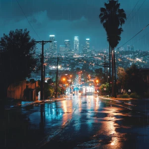 A nighttime view of Los Angeles right after a heavy rain, showca...