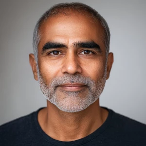 Generate an image of a 55-year-old Indian American man with a cl...