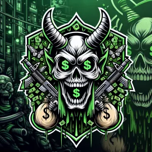 Create a bold horror themed cartoon smiley ghostface mascot logo...