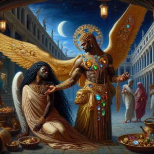 Create an oil painting image featuring a male angel and a grievi...